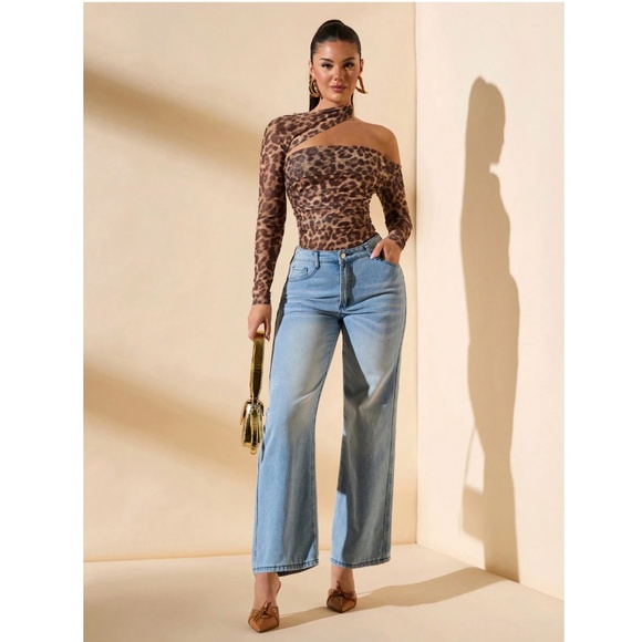 Leopard Cheetah Animal Print Brown Asymmetrical Long Sleeve Slim Bodysuit - Picture 7 of 8